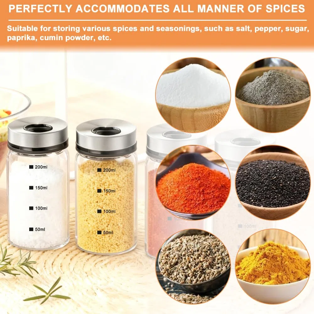 4 tarros de especias con tapa giratoria, 200 ml, salero y pimentero, tarros de especias con agujeros para especias, vidrio de borosilicato, para cocina, barbacoa, barbacoa y cocina