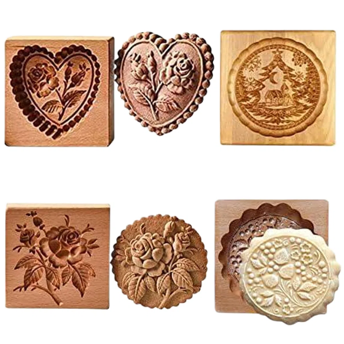 Moldes de madera para galletas con patrones tallados en 3D, 4 unidades, sellos de galletas antiadherentes, moldes reutilizables para hornear, 3, 9