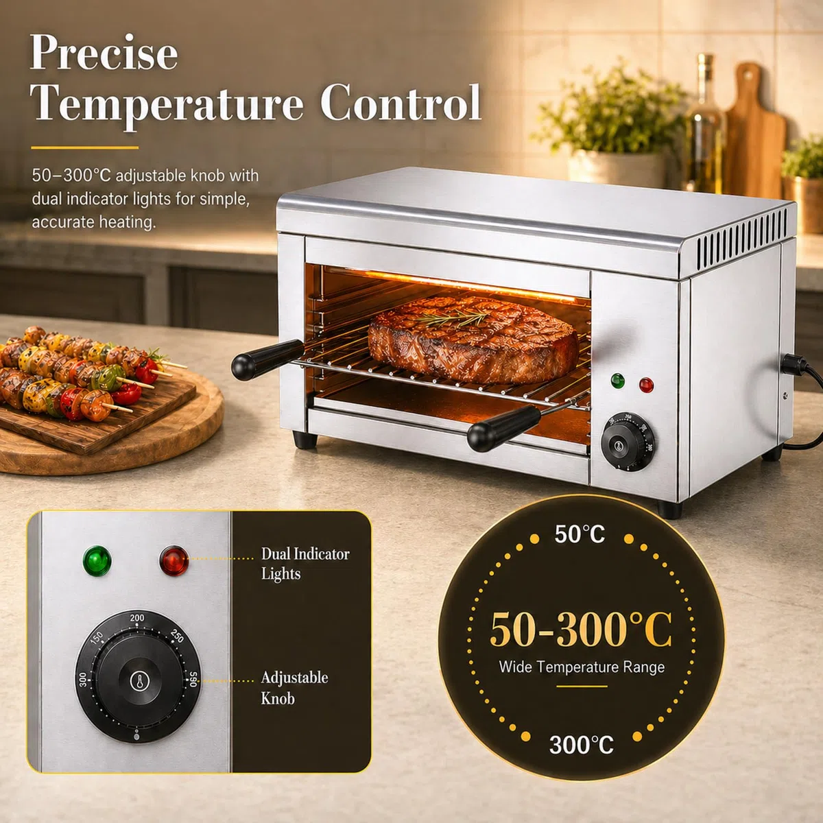 2000W Salamandra Electrica- derretidor de Queso salamandra eléctrico de 122-572 ℉ con 4 Alturas, Grill salamandra de Acero Inoxidable para Cocina Comercial, sándwiches y Asar filetes