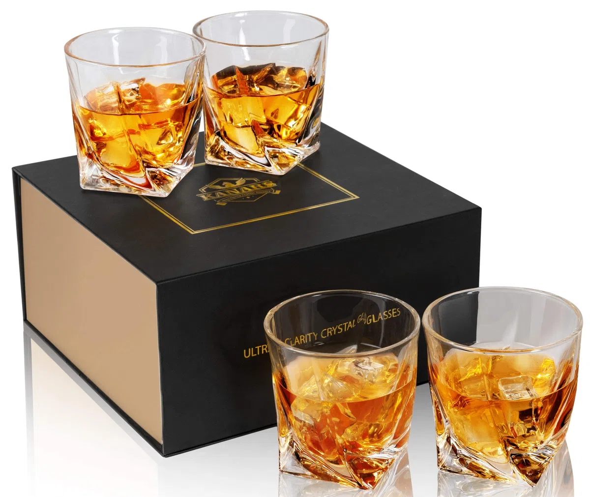 KANARS Vasos de Whisky, Copas de Whiskey Cristal para Bourbon, Scotch, Martini, Coñac, 300 ml, 4 Piezas, Caja de Regalo de Lujo