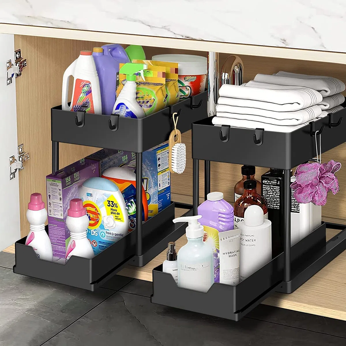 Bnimtm 2 Paquete Organizador Cocina, Estantería Bajo Fregadero, Estante Organizador Mueble Bajo Fregadero Cocina Lavabo（Sin Taza Colgante, Negro）