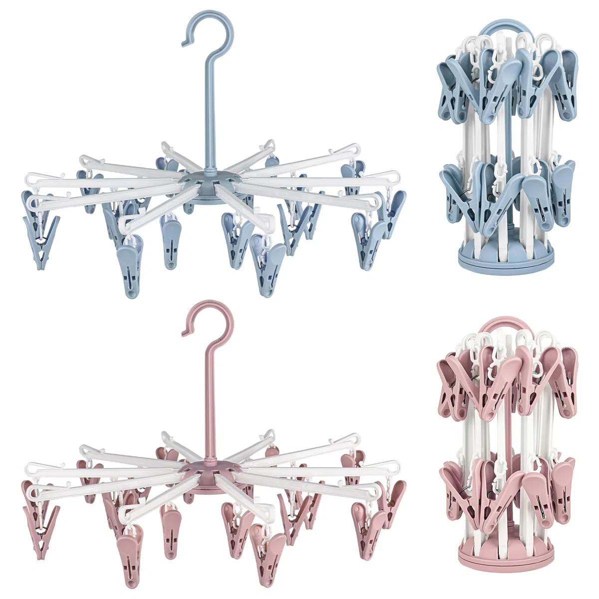 Secador de calcetines para colgar, 2 unidades, para tendedero, para camping, con 20 clips para calcetines, ropa pequeña (rosa, azul)