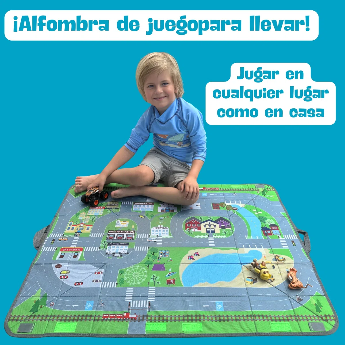 HECKBO Organizador de coche y alfombrilla de juegos 4 en 1 - Caja para guardar juguetes infantiles - Alfombrilla de juegos plegable con motivos callejeros - Fijación segura en el coche, 91cm x 72cm