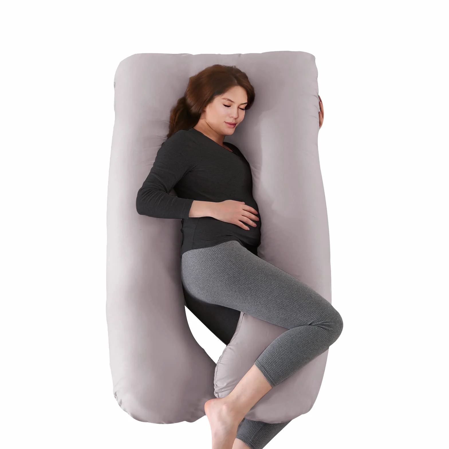 Almohada Embarazada,Almohada de Embarazo, Almohada Antidolores Cuerpo Entero en Forma de U,Cojin Lactancia con Cremallera Funda de 100% Algodón Extraíble y Lavable,145x70cm(Gris Claro)