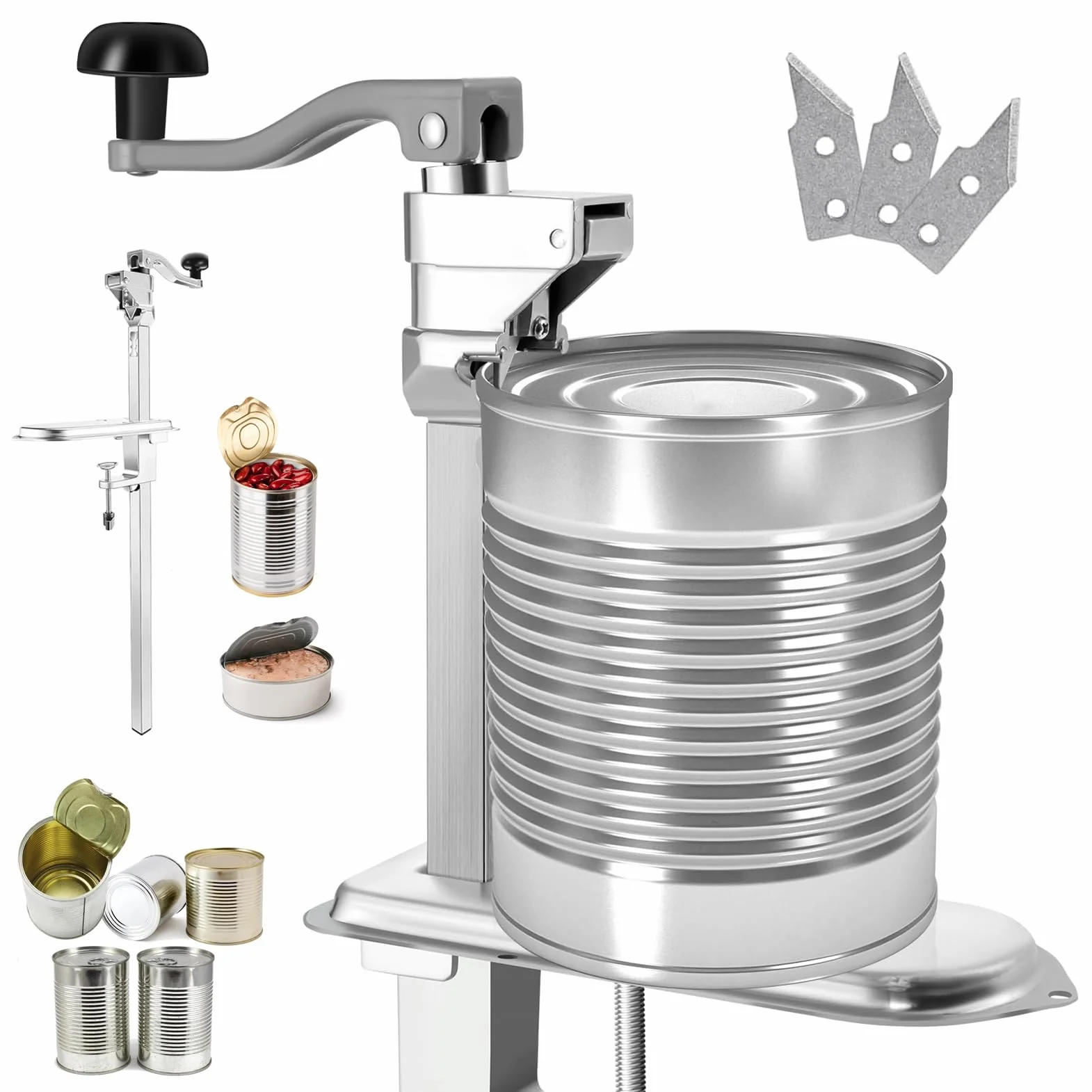 Abrelatas comercial de 48/59/75 cm, abrelatas industrial de altura ajustable para latas de hasta 10 pulgadas de alto, abrelatas manual resistente con base resistente y hoja de repuesto, ideal para