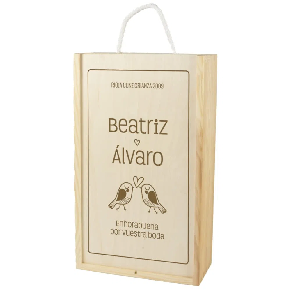 CALLE DEL REGALO Caja de Madera para dos Botellas de Vino grabada con título, Nombres y dedicatoria. Número de Botellas a Elegir