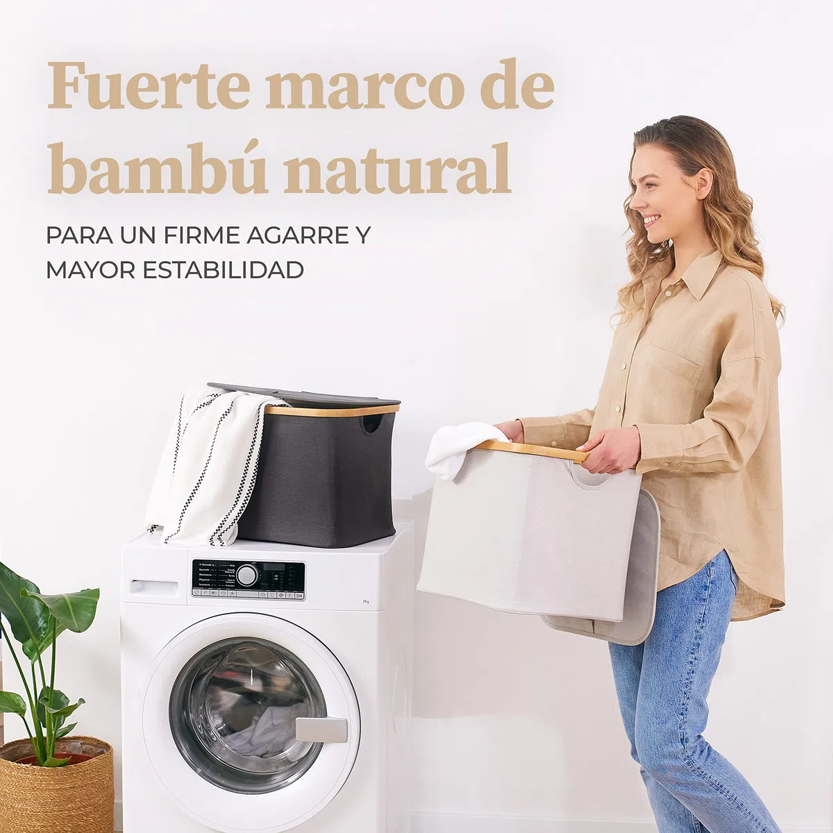 HENNEZ Caja Almacenaje con Tapa - Cestas Almacenaje 40L - Cesto Ropa Sucia - Cajas Almacenaje Decorativas para Estantería Kallax - Cajas de Almacenamiento Tela Bambú Cajas Organizadoras con Tapa Beige