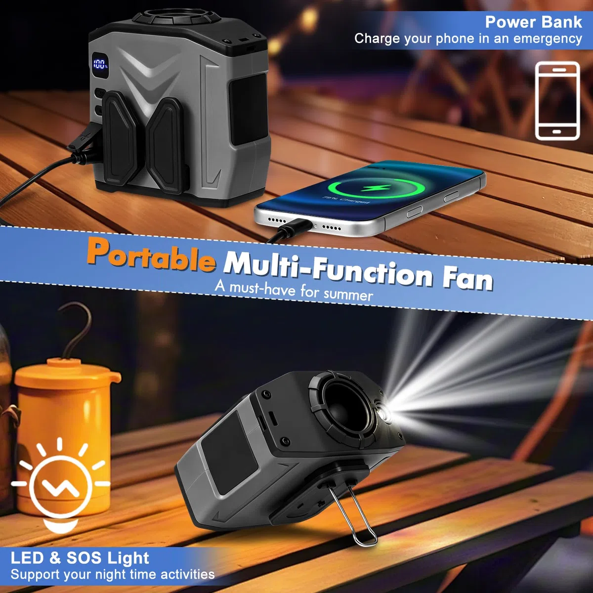 Ventilador de Cintura Portátil, 10000 mAh Recargable, 5 Velocidades, Ventilador Portátil con Clip de Cintura con Iluminación LED, hasta 30 Horas de Autonomía, para Trabajo, Senderismo y Exteriores