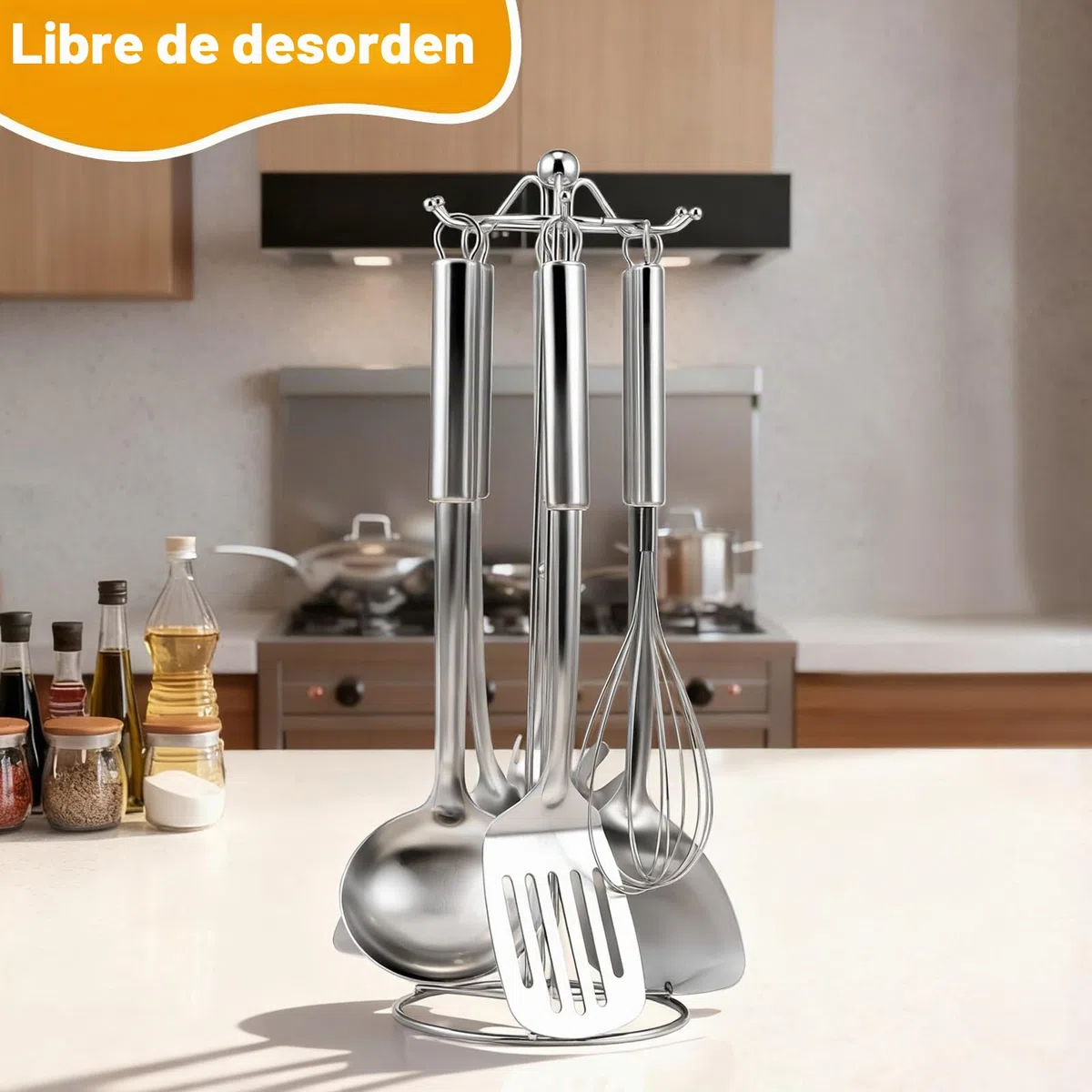 7 piezas utensilios de cocina acero inoxidable - mango para colgar, utensilios de cocina con 2 espátula, cucharón, espumadera, batidor, Cuchara para espaguetis, soporte