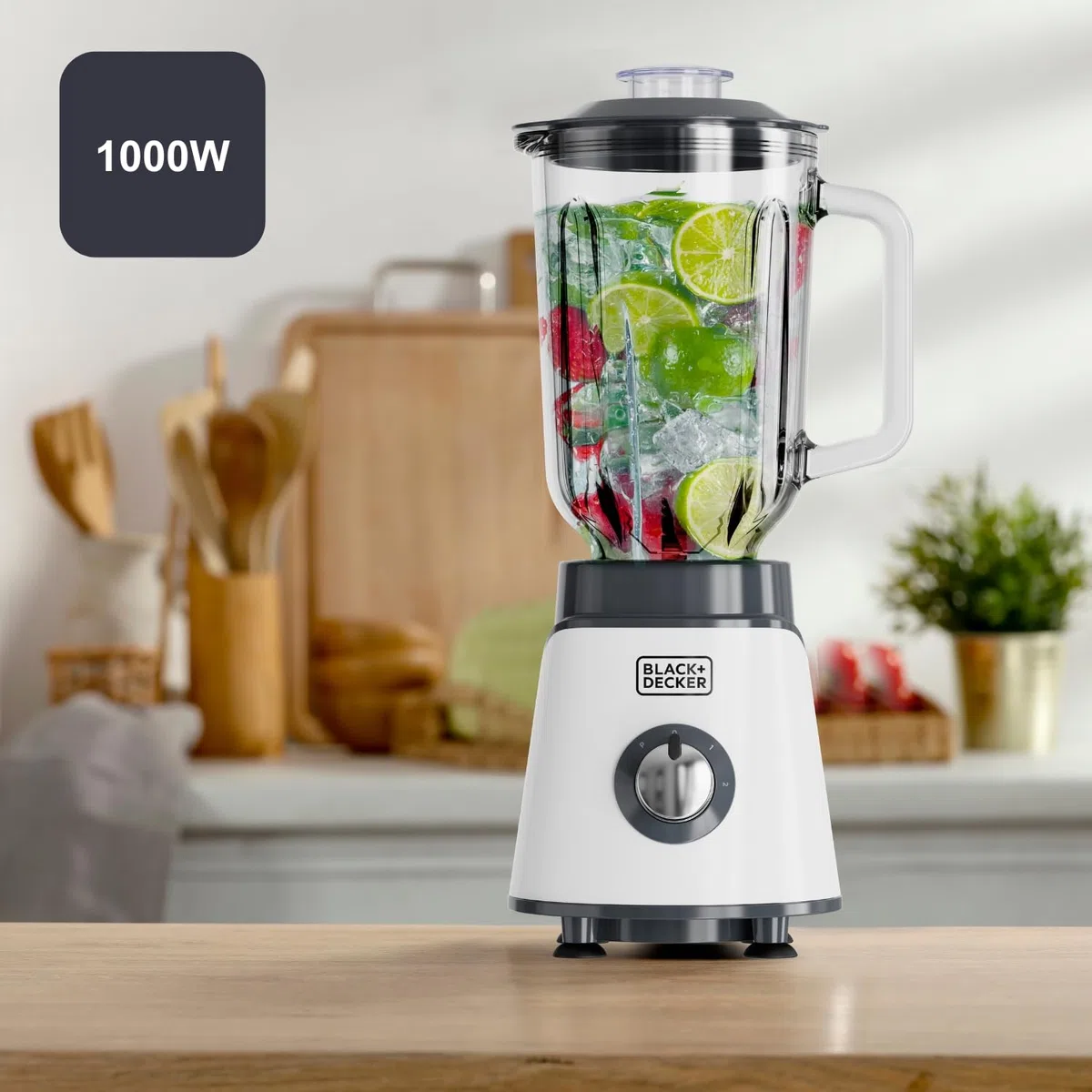 BLACK+DECKER - Batidora de Vaso BXJB1002E 1000W | Jarra Cristal 1,5L | Cuchillas Desmontables Acero Inox 4 Filos | Pica Hielo | 2 Velocidades + Pulse | Lavavajillas | Sistema Seguridad