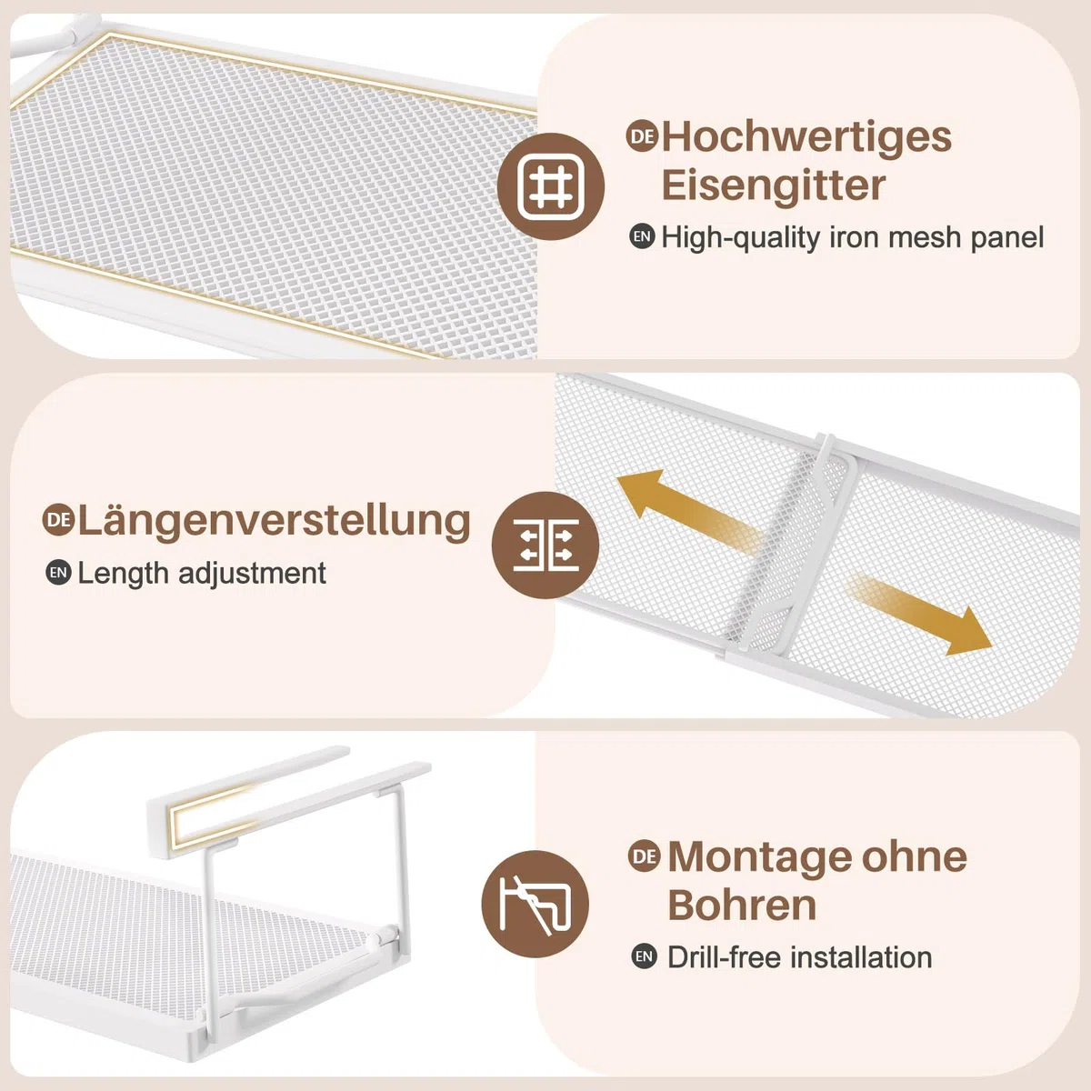 YORBAY Ajustable Cesta Colgante para Debajo de la estantería, Almacenaje de Cocina bajo Balda Estante de Metal, Estante Inferior para cocinas y armarios (Blanco)
