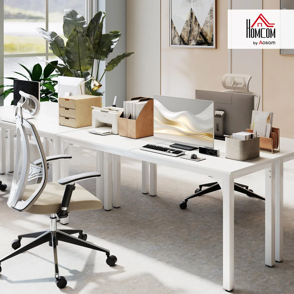 HOMCOM Escritorio de ordenador 180 cm con bandeja ancha para 2 personas, marco de acero, mesa de ordenador para trabajo en casa o estudio, blanco