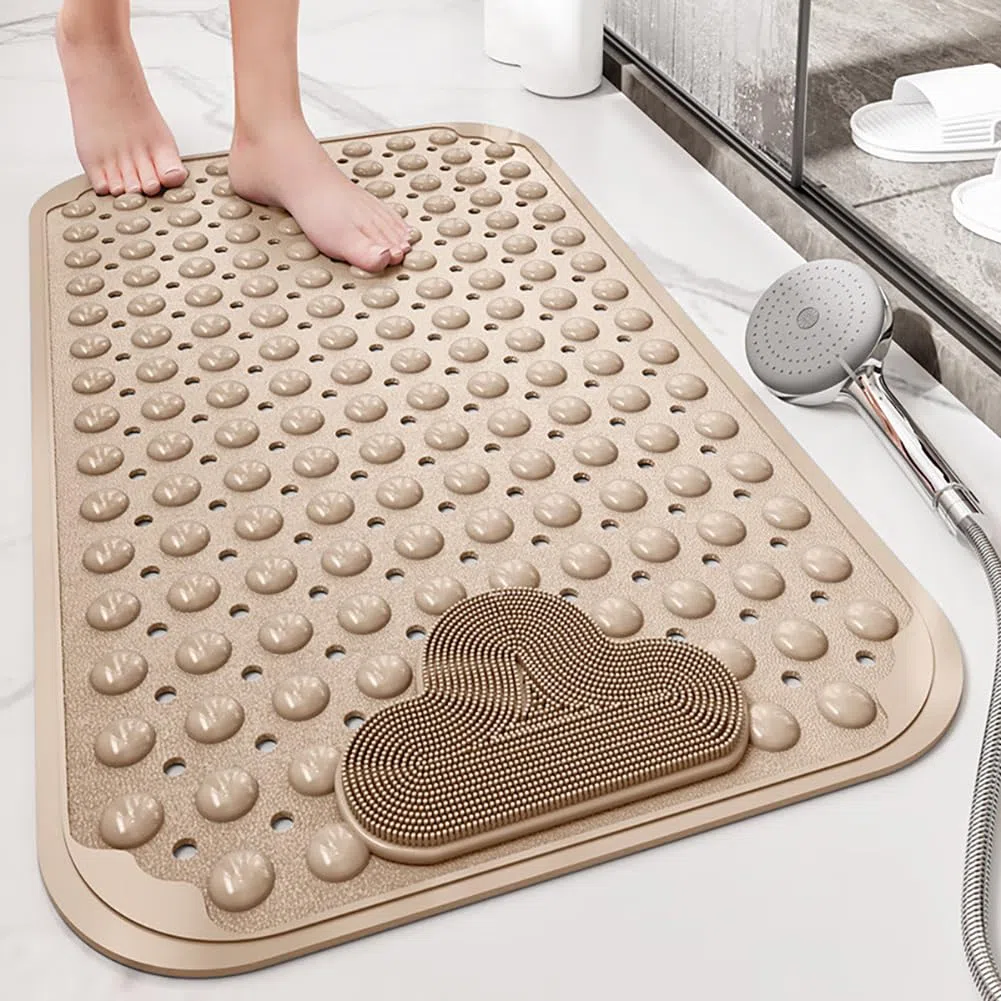 Alfombra Ducha Antideslizante 90x60cm,Alfombrilla Ducha con Ventosas,Alfombra Bañera Antideslizante con Orificios de Drenaje,para Baño,Beige