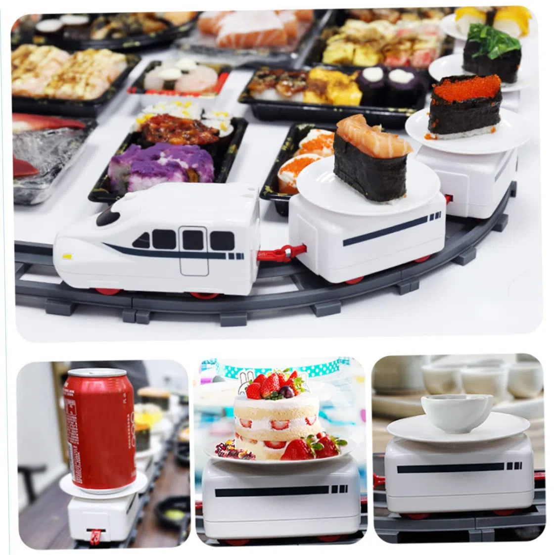 Tren de sushi para mesa de comedor | Juego de máquina rotativa eléctrica de tren de sushi con cinta transportadora de riel, comida y bandeja para servir Mesa alimentada por batería para fiesta, exhib