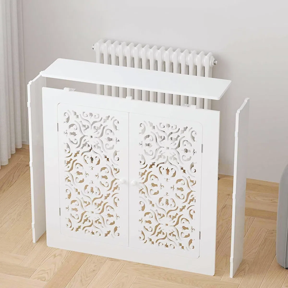 Moderno armario con cubierta de radiador de granja con estante Sto – Soporte de calentador para baño, cocina, oficina y habitación de Utili – Decoración rústica que ahorra espacio y funcional Sto