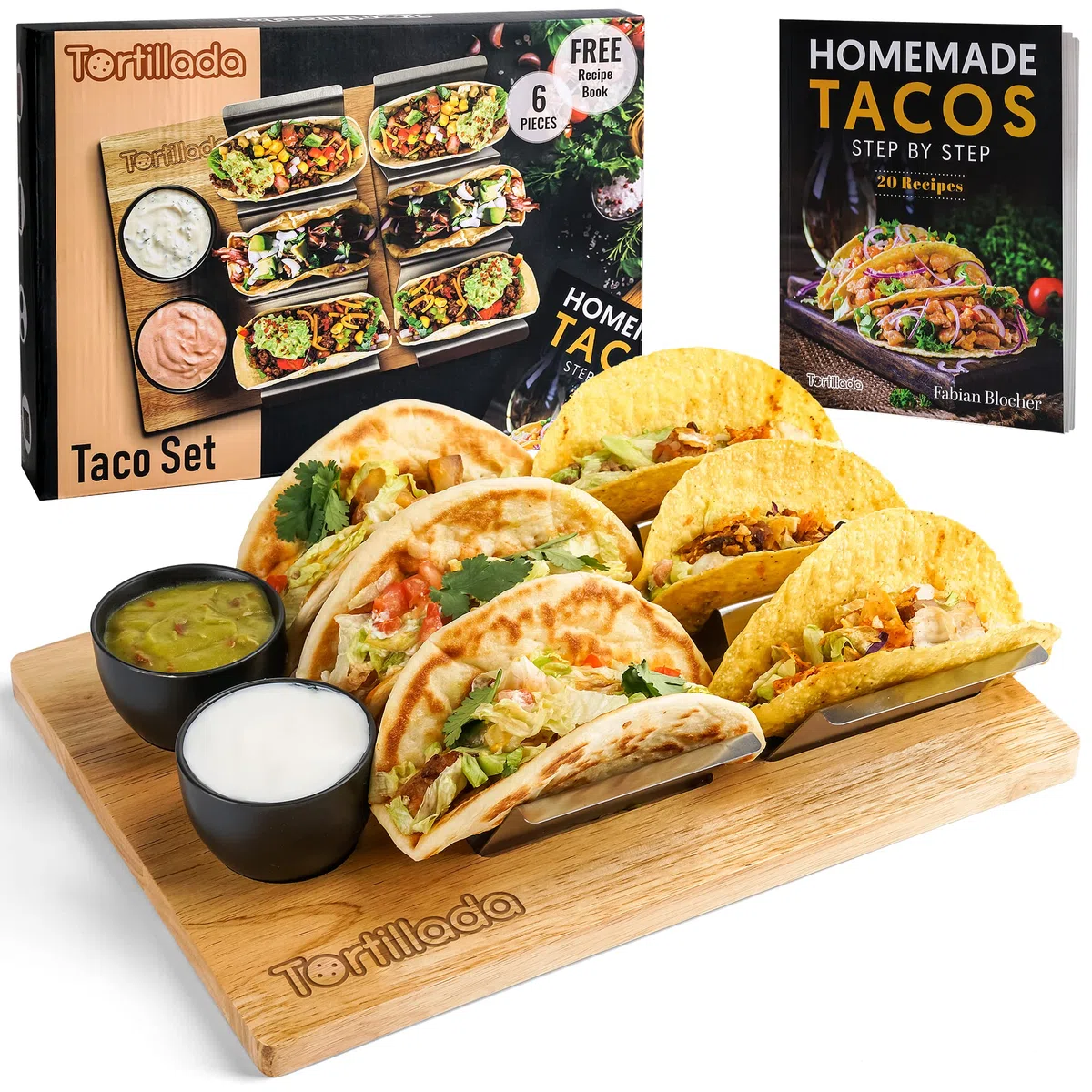 Tortillada - Juego de soporte para tacos/Hotdog hecho de acero inoxidable para hasta 6 tacos - incl. bandeja de servicio hecha de madera, tazones de inmersión de cerámica y libro de recetas