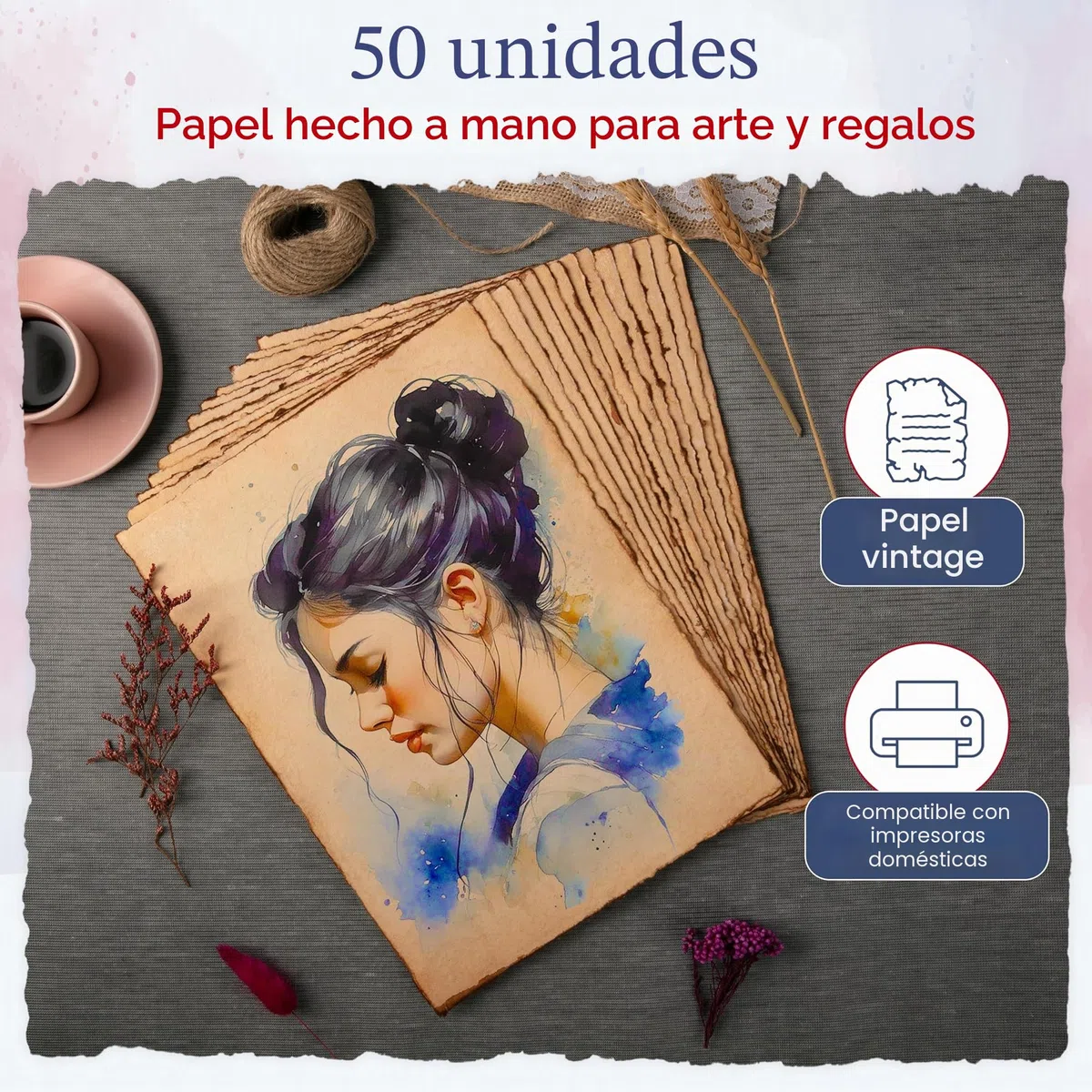 Wanderings Papel Blanco Hecho a Mano con Borde Irregular Antiguo 21x30 cm - A4, 50 Hojas de Papel Reciclado para Acuarela y Técnicas Mixtas para Escritores, Invitaciones, Manualidades - Grueso 150 GSM