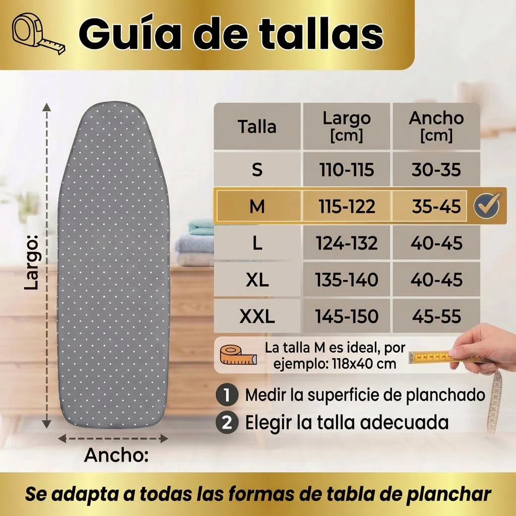 Funda para Tabla de Planchar 120x40 cm - Funda para Tabla de Planchar de algodón 100% - Apta para Planchado con Vapor - Acolchado Extra Grueso + elástico y Tensor, M
