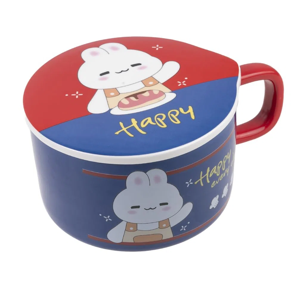 lachineuse – Cuenco de fideos instantáneos – Cuenco de ramen asiático – Porcelana – Diseño de conejo – 1000 ml – Tapa y cubiertos – Desayuno sopa – Idea de regalo Asia Japón China – Azul oscuro