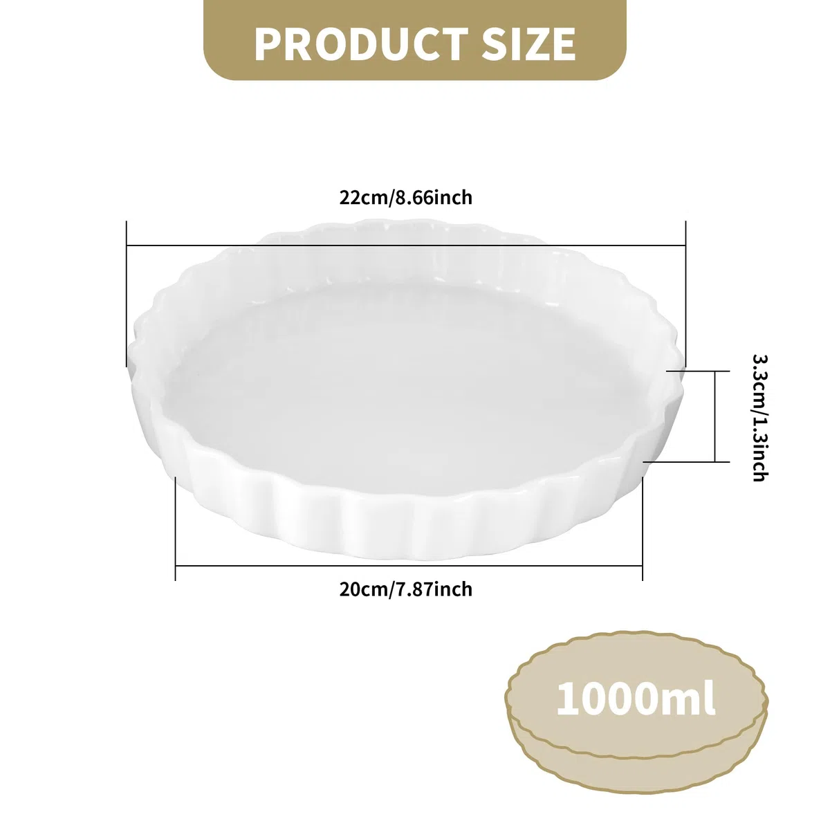 Plato de cerámica para quiche para el horno, 22 cm, molde para tartas para hornear, antiadherente, redondo, molde para quiche, color blanco