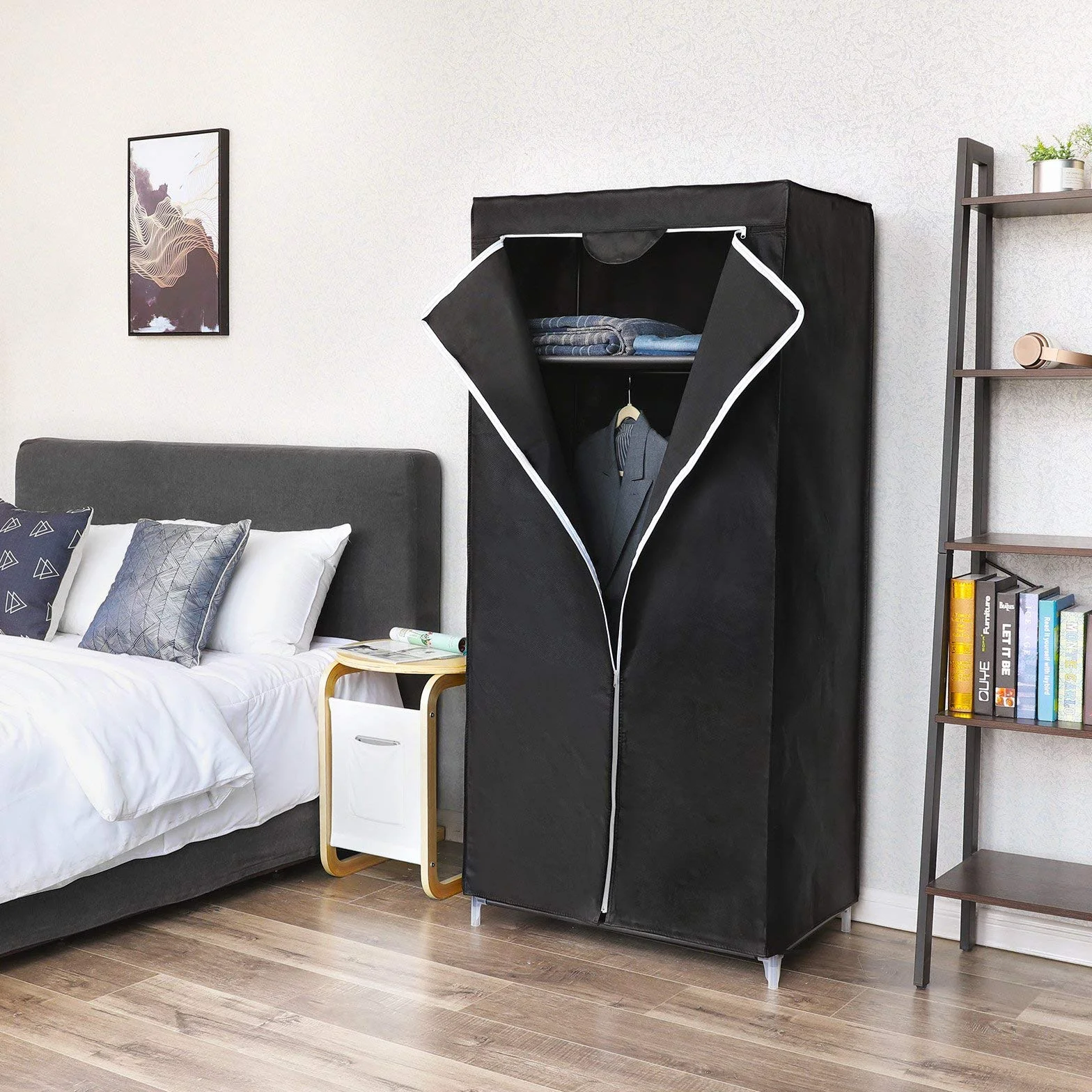 SONGMICS Armario de Tela, Armario Plegable con Barra de Colgar, Perchero Individual, Organizador de Bolsas, Juguetes, Zapatos, Sala, Dormitorio, 75 x 45 x 160 cm, Negro RYG83H