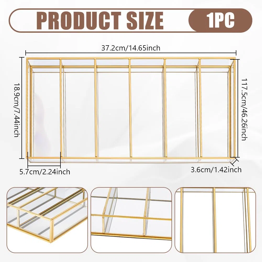 UNICRAFTALE Vitrina de almacenamiento de gafas, 6 rejillas, rectangular, de cristal, organizador de gafas de sol, soporte dorado múltiple para guardar gafas, joyas, relojes, bandeja de presentación