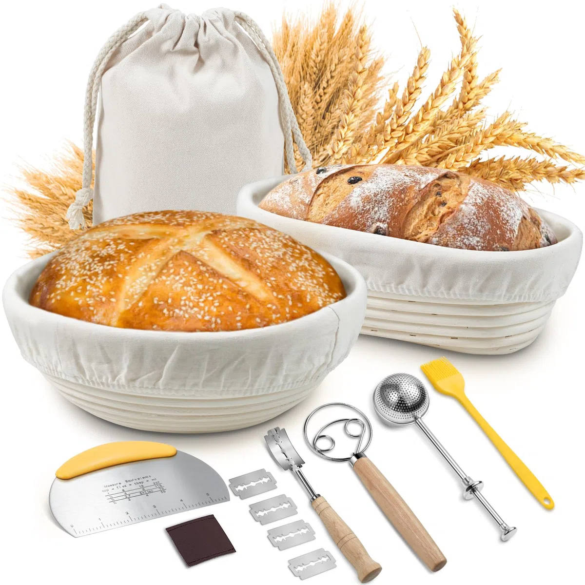 Banetones para Pan, Sopito Banneton 2 piezas Cesta Pan con Paño de Lino, Raspador de Masa, Cepillo de Silicona, Batidor de Masa, Cuchillo de Panadero, Tamiz de Harina, Bolsa de Almacenamiento