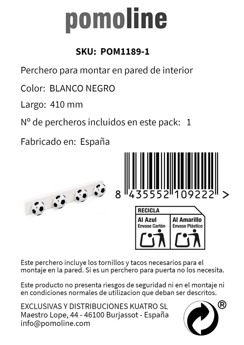 PERCHA Pared resina ABS Pomos FUTBOL 410x60MM