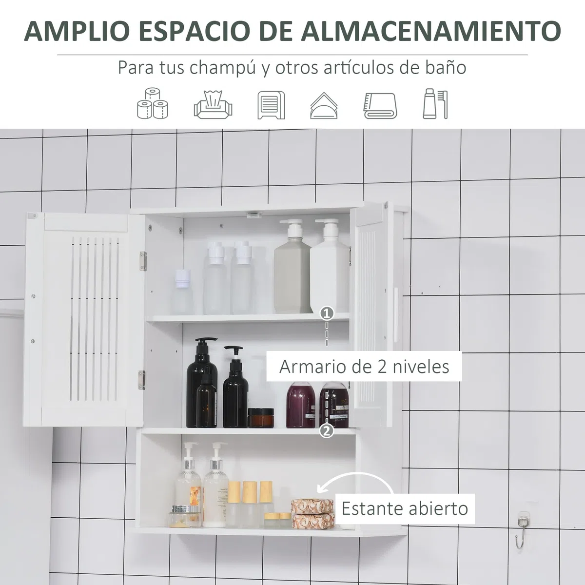 kleankin Armario de Pared para Baño Multiusos Mueble de Baño Suspendido Armario Colgante de Almacenamiento con 2 Puertas de Listones Estante Ajustable y Compartimento 60x20x70 cm Blanco