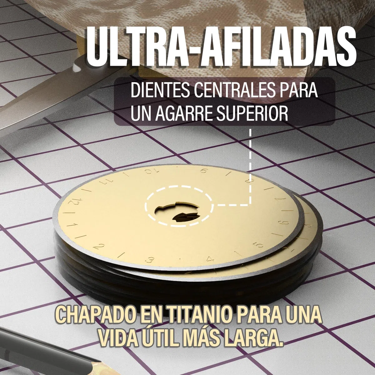 Paquete de 15 cuchillas de corte giratorias con revestimiento de titanio de 45 mm, suministros de acolchado de 45 mm, cuchillas de corte giratorias para tela, compatibles con OLFA, Fiskars