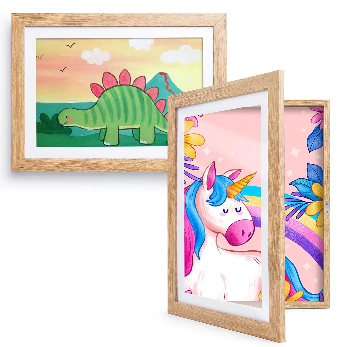 Kromapolis 2 marcos de fotos para dibujos infantiles, A4, material MDF respetuoso con el medio ambiente, A4, arte infantil, marco de collage de fotos, color madera