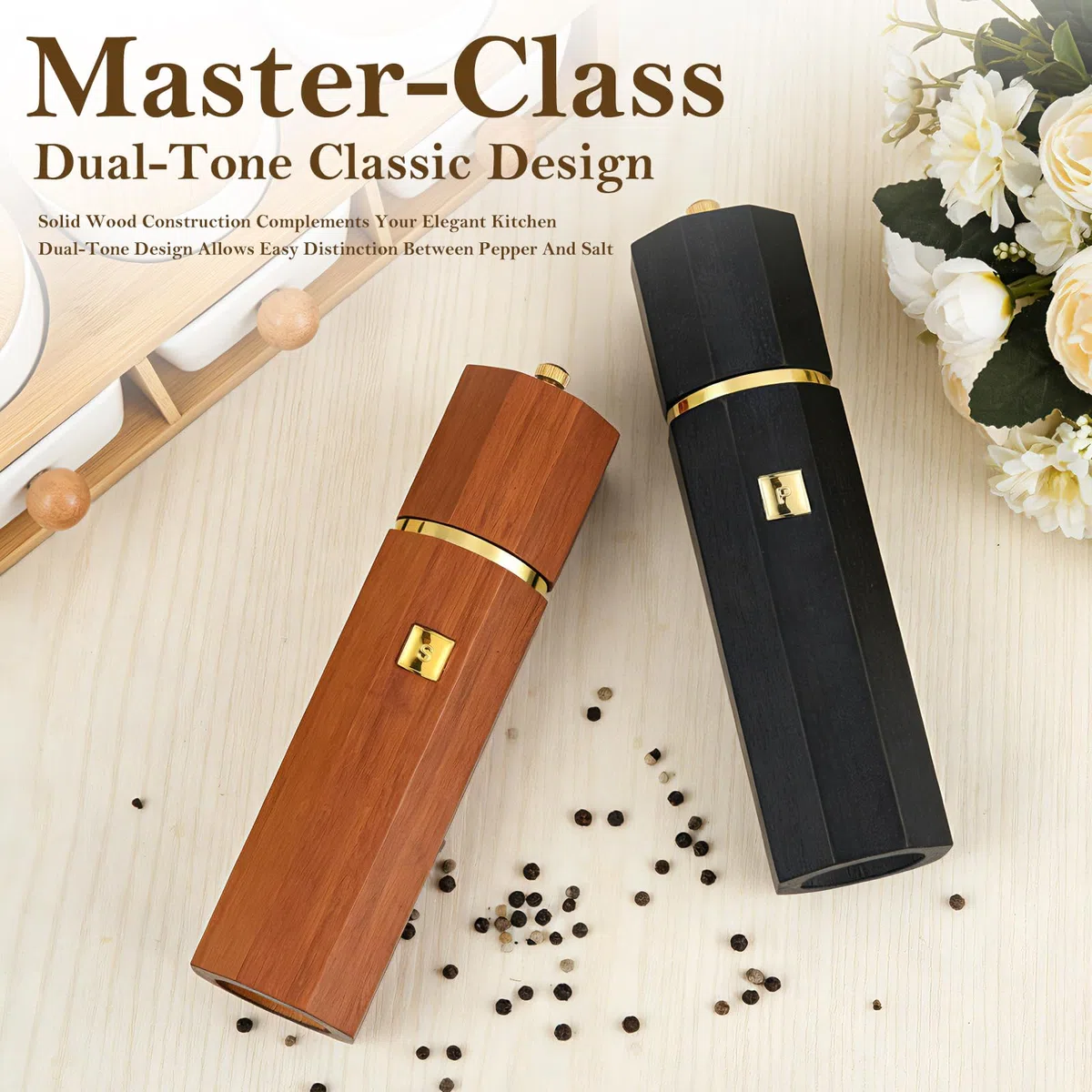 Lote de 2 molinillos de sal y pimienta de madera maciza - Molinillo manual recargable con cerámica ajustable, acabado de madera natural, 20 cm, esencial para cocina y mesa, regalo de cumpleaños