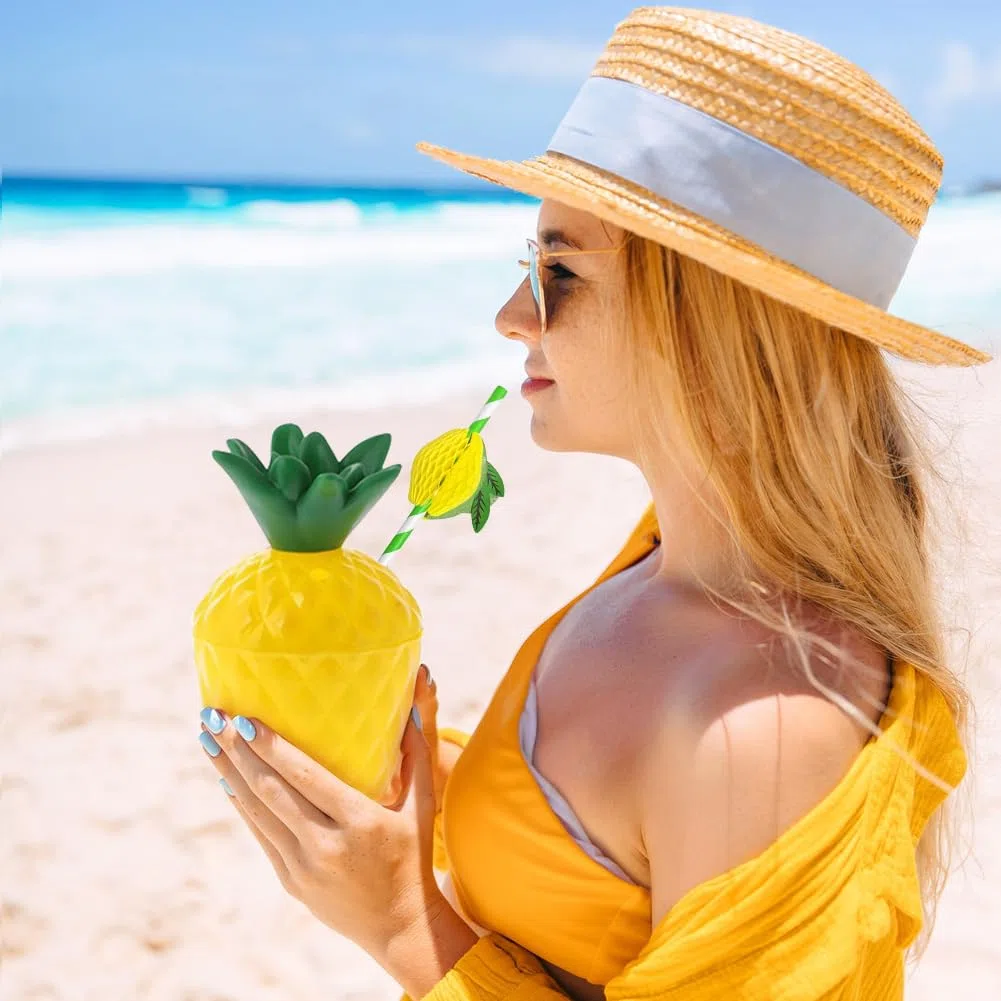 Vasos hawaianos Luau de coco y piña para bebidas hawaianas Luau tropicales, vasos reutilizables de plástico en forma de coco y piña para playa, verano, fiesta tropical hawaiana
