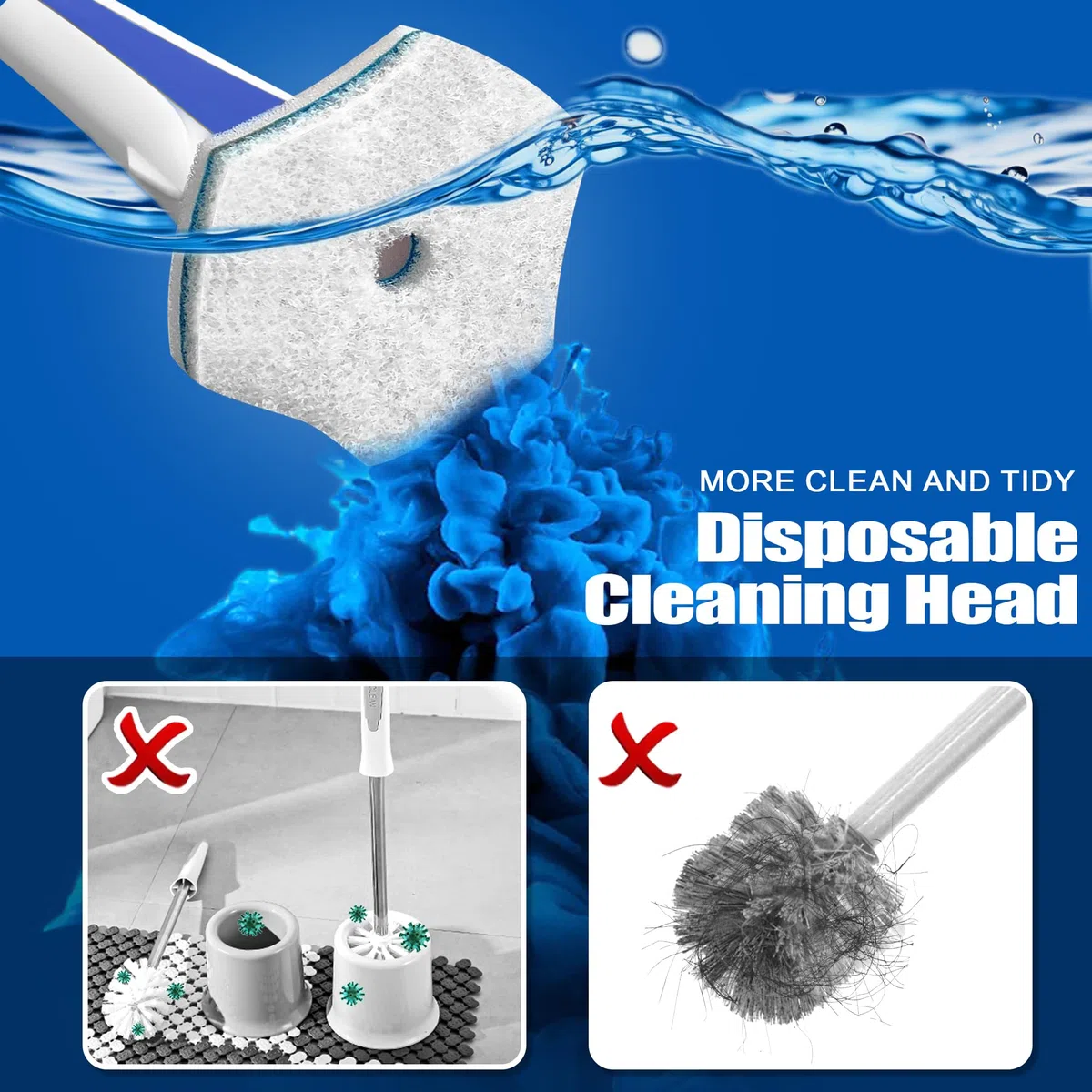 JEHONN Escobilla Baño Desechable WC, Cepillo para Inodoro con 48 Rellenos de Detergente, Toilet Brush Mango Largo Montado En La Pared, Adecuado para Piscina Fregona Lavabo (Azul)