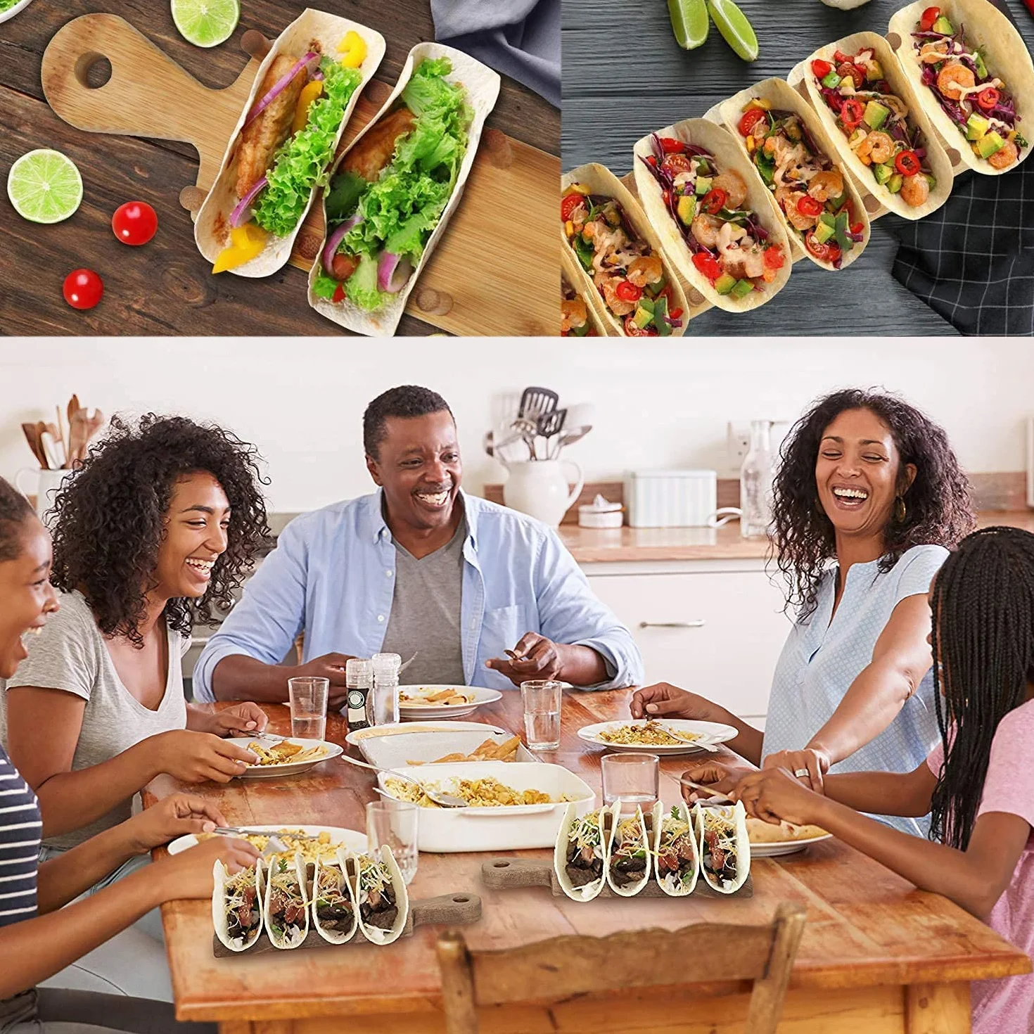 Soporte De Tacos De Madera, Soporte De Bandeja De Soporte De Taco De Bambú Que Puede Contener Hasta 8 Tacos Cada uno, Para Servir Bandejas De Tacos De Estilo Alimenticio De Cáscara Suave (1)
