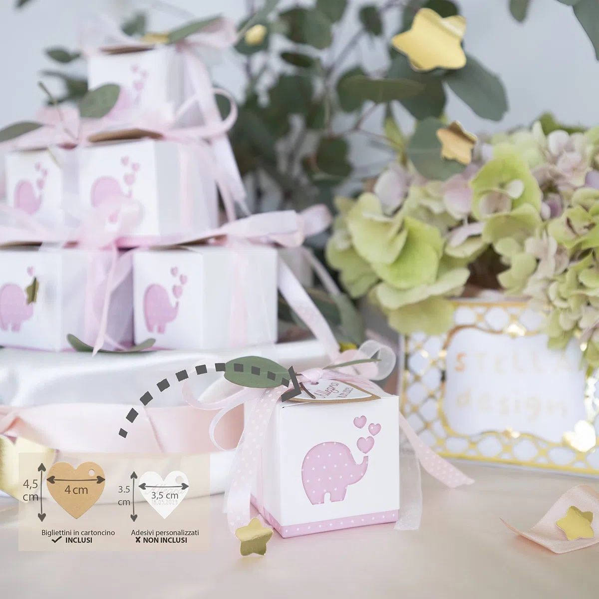 Stella Design Detalles Bautizo/Nacimiento, 48 Piezas Tarjetas y Bolsas, Elefante Niño/Niña, Cajas para Peladillas (Rosa)