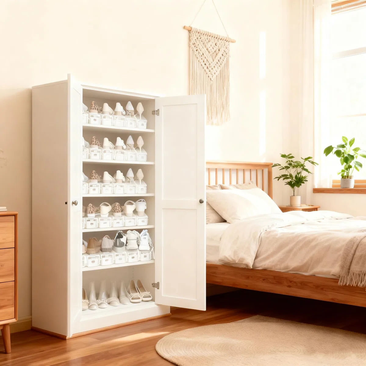 Organizador de ranuras para zapatos, paquete de 20 – Apiladores de zapatos ajustables de 4 niveles, ahorro de espacio 50%, soportes de doble capa para armario (blanco)