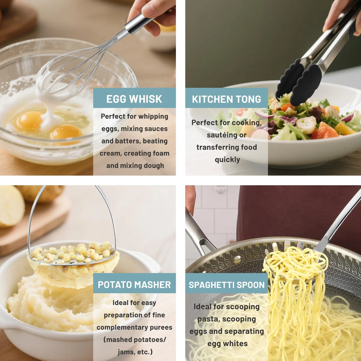 Pleafind Utensilios de cocina acero inoxidable, 9 piezas, con Cucharones de cocina, Espumadera, Espátula, Espátula ranurada, Varillas Cocina, Cuchara para Pasta, Machacador de Patatas, Pinzas Cocina