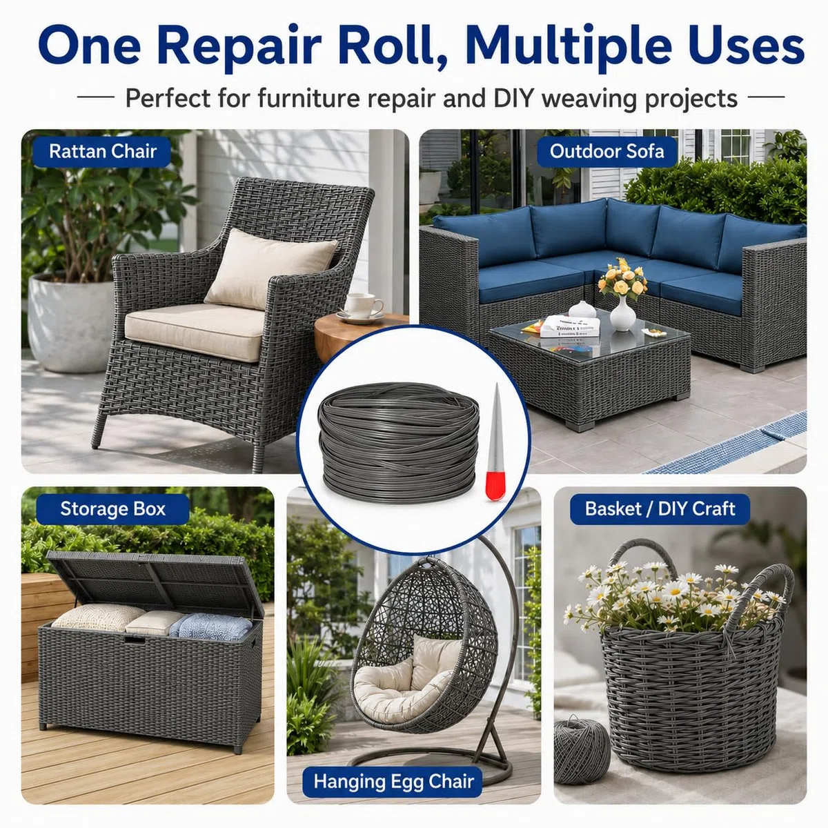 Ratán sintético de plástico, 65 m, tejido plano de ratán sintético con palanca, material de reparación para muebles de exterior, silla de ratán, mesa y cesta (beige)