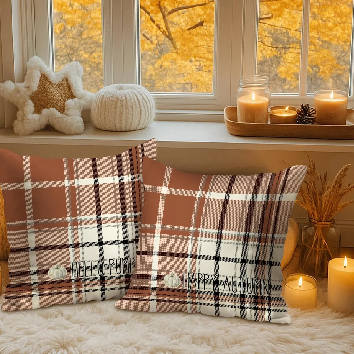 Benjia Juego de 2 Fundas Cojin Otoño 40x40 cm, Acuarela marrón, Blanco y Negro a Cuadros Fundas de Almohada día de Gracias Halloween sofá Decoración Hogar 40 x 40 cm de Almohada de Vacaciones