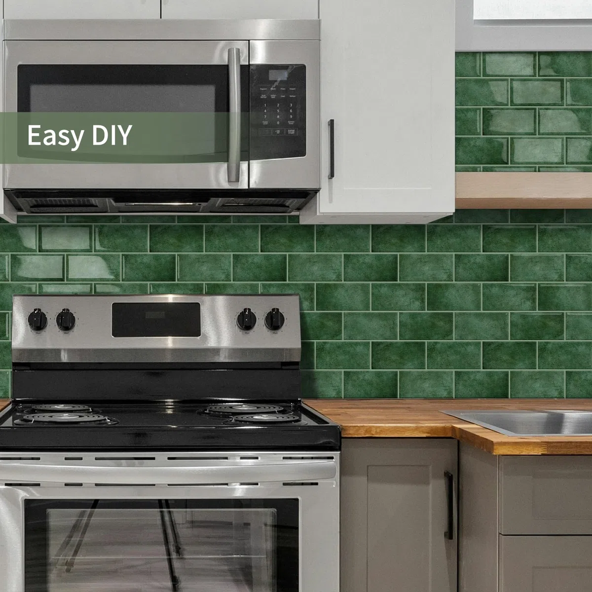 10-Piezas 3D Metro Adhesivo Grueso Azulejos Adhesivos Cocina | Autoadhesivos Vinilo Baldosas Azulejos Adhesivos, Baldosa Cuarto de baño Pared (Verde Claro,32 x 26.9CM)
