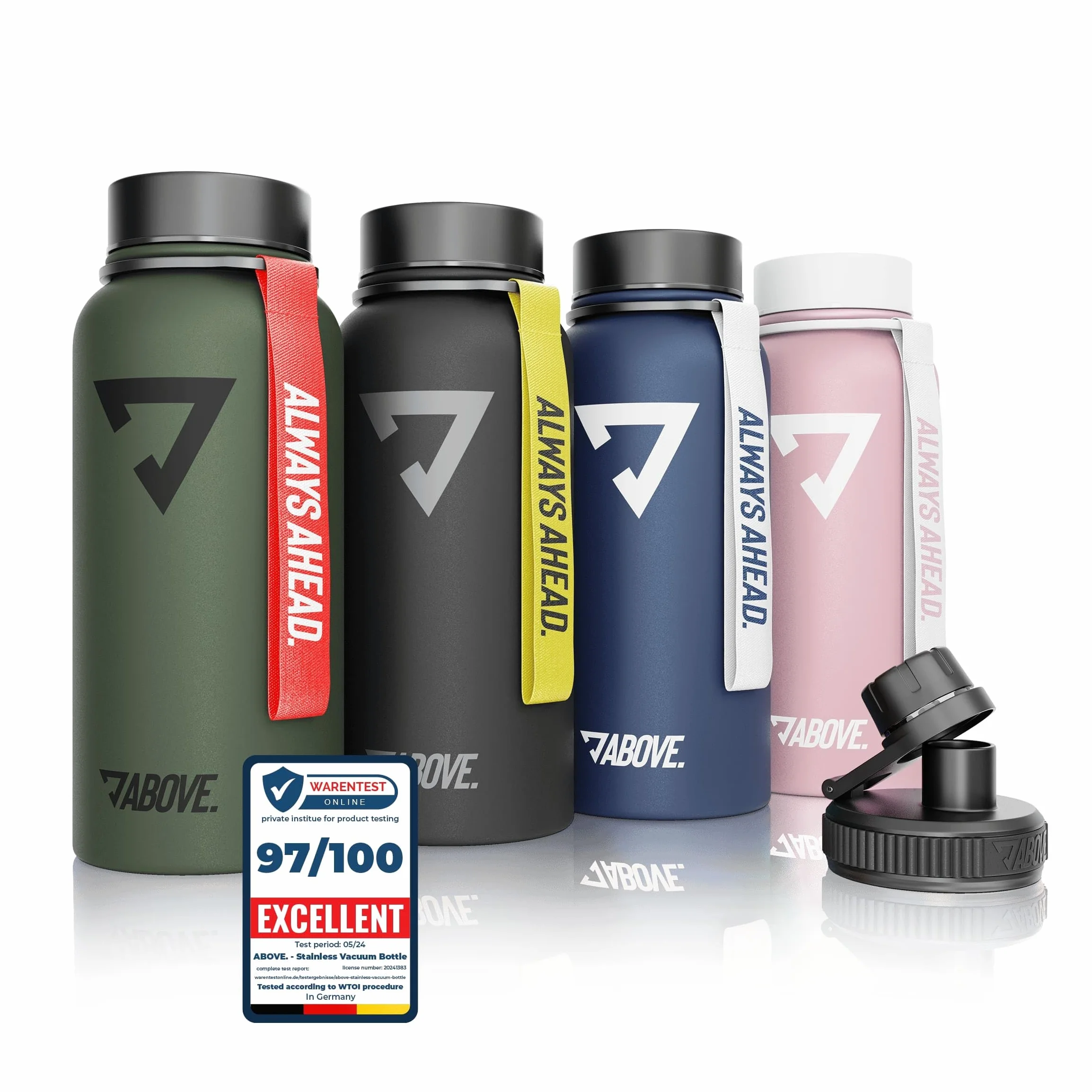 ABOVE. Botella Termica 1L de Acero Inoxidable – Sin BPA, Antifugas y Resistente – Mantiene Calor 12H y Frío 24H – con 2 Tapas ideal para Deporte y Exterior con Caja de Regalo (Negro)