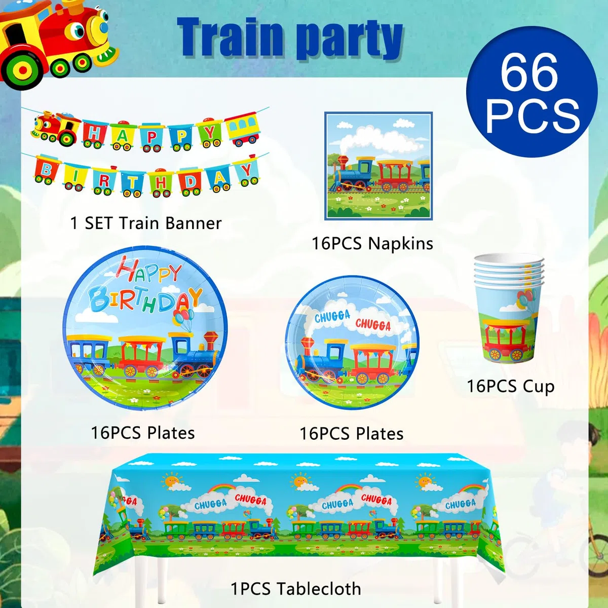 Juego de vajilla para fiesta de cumpleaños, 16 invitados, vajilla de fiesta infantil, cumpleaños, tren o cumpleaños, servilletas, vasos de fiesta, mantel de tren, pancartas, etc. Decoración de