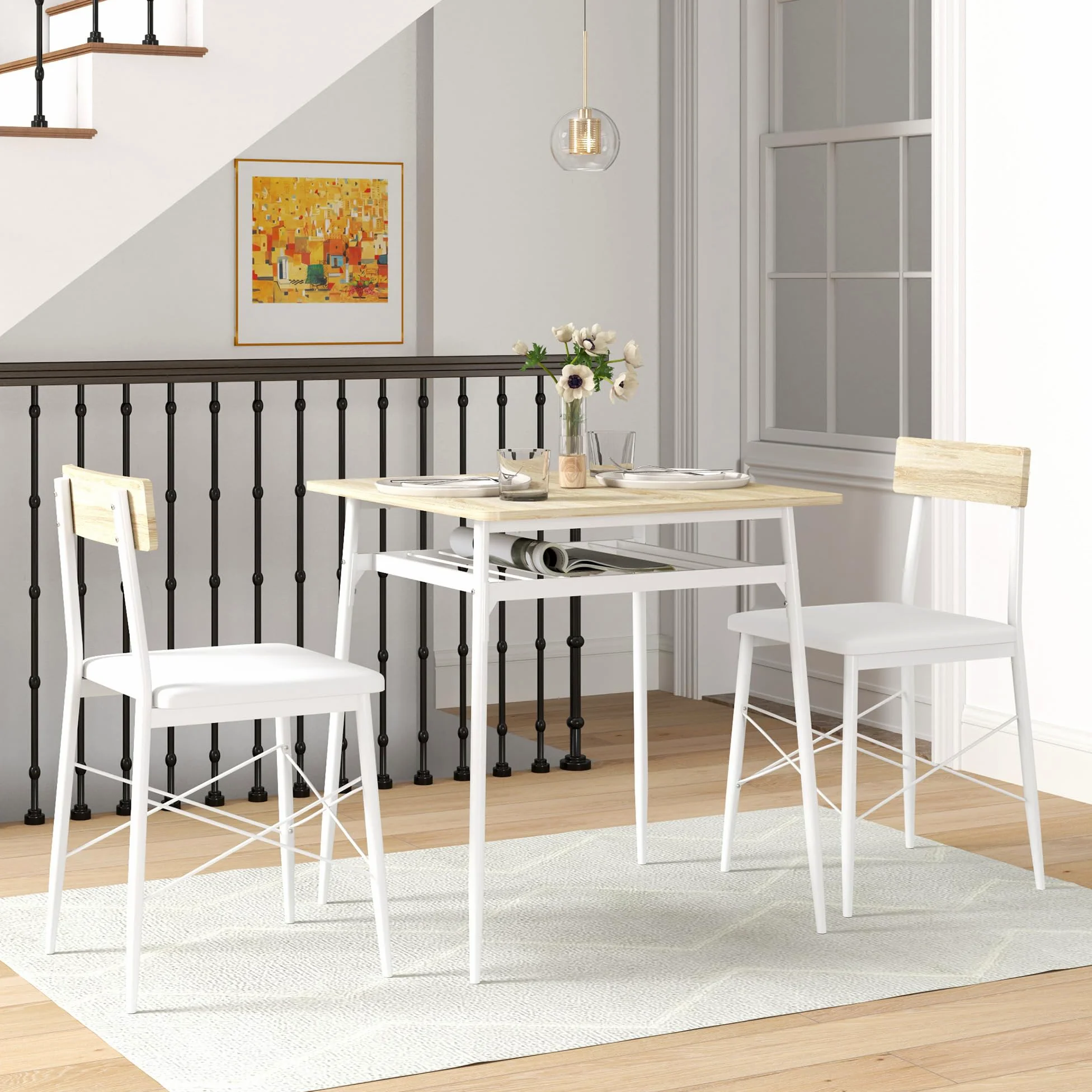 HOMCOM Conjunto de Mesa y Sillas de Comedor de 3 Piezas Mesa con Dos Sillas | sin Brazos, Estante Abierto, Estructura de Acero, Blanco y Roble