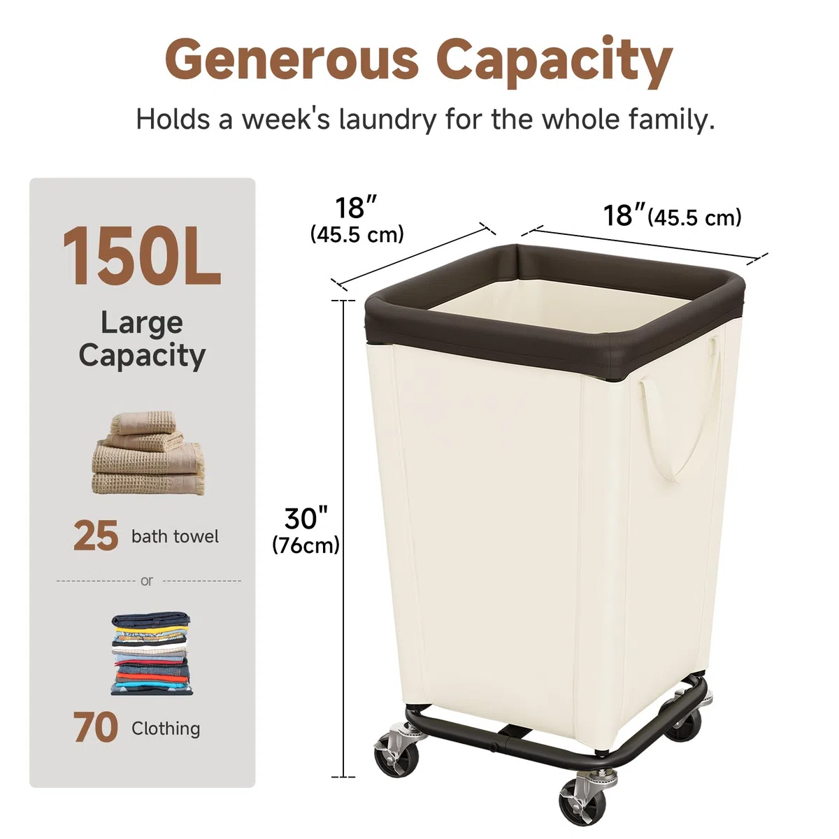 StorageWorks Cesta de lavandería con ruedas, cesta rodante de 150 L, cesta de ropa sucia resistente para el hogar y la lavandería, color beige