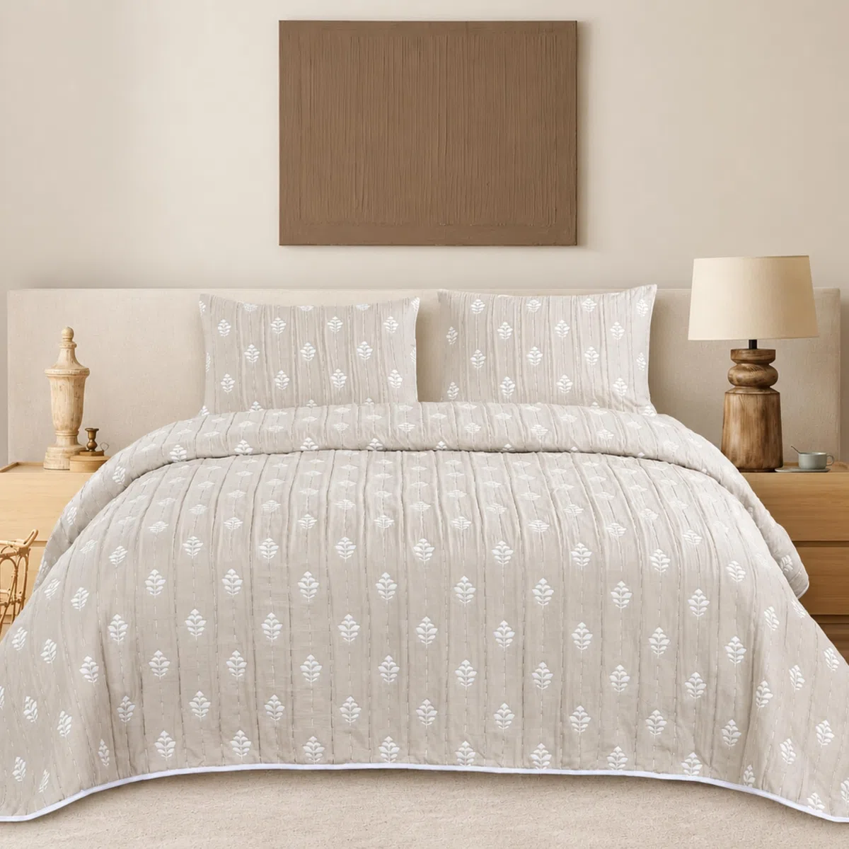 Colcha Boutí Bordada Cama 90 (180x260) para Verano y Entretiempo - 100% Microfibra Suave – Cubrecama Moderno Multiusos Ligero y Transpirable - Incluye 1 Funda de Almohada 70x50 cm (Cosenza Arena)