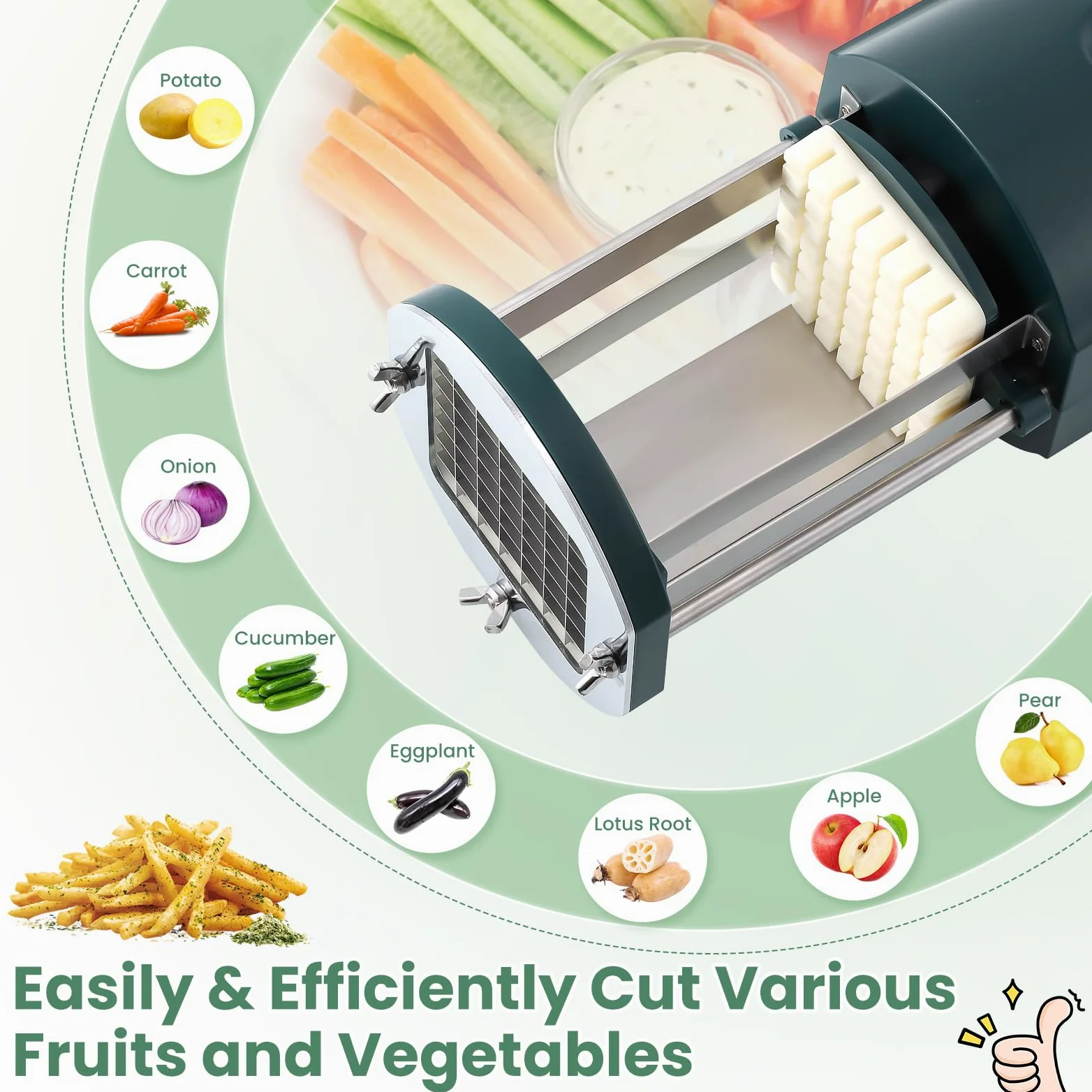 Huanyu Cortador eléctrico de patatas fritas con cuchillas de 2 tamaños, cortador de verduras multifuncional para patatas, zanahorias y pepinos (verde)