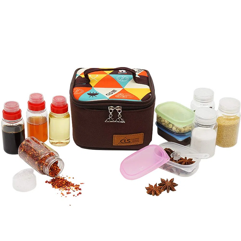 Tarros de especias para camping, sal, azúcar, pimienta con tapa giratoria y bolsa de embalaje para cocina y barbacoa (juego de 10)