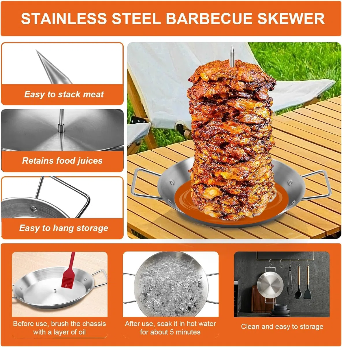 Pipihome Brocheta vertical, Kebab De Acero Inoxidable con 3 Picos De Repuesto Para Barbacoa, Pincho Doner Kebab Para Pavo, Kebab (A)