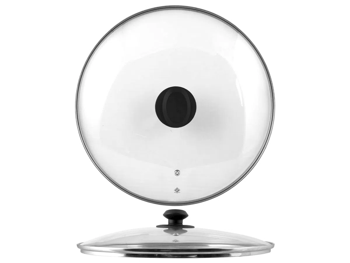 Home Coperchio con Bordo in Acciaio INOX, Plastica/Vetro, Trasparente/Nero, 38 cm